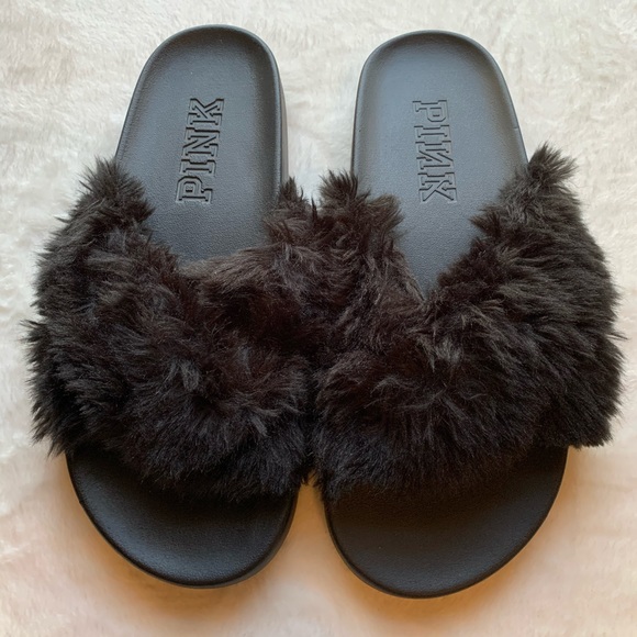 PINK Victoria's Secret Shoes - PINK FAUX FUR SLIDES BLACK SIZE LARGE (9/10)
